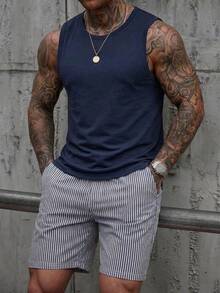 GRDR 男士圆领背心和抽绳短裤休闲套装 - 藏蓝色 - 查看 3