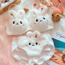 Cómodo conjunto de sujetador con forma de oso de peluche para invierno y otoño, bonito sujetador de reunión de pecho pequeño suave y cálido estilo dibujos animados - Gris - Ver 7