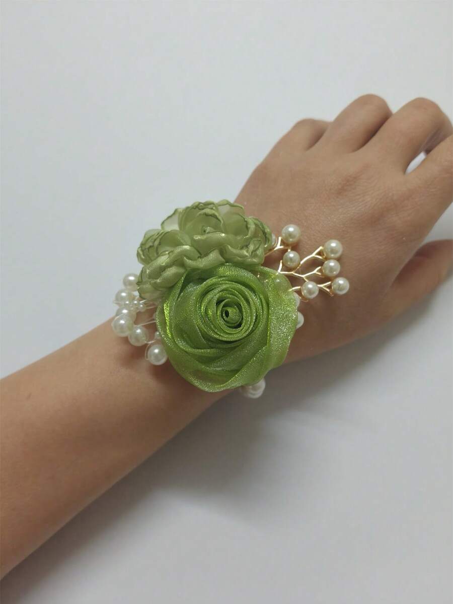 1件优雅腕花手链，饰以苔绿色山茶花和米色玫瑰，串珠设计，适合新娘、伴娘、婚礼、派对、日常佩戴 - 果綠+果綠 - 查看 1