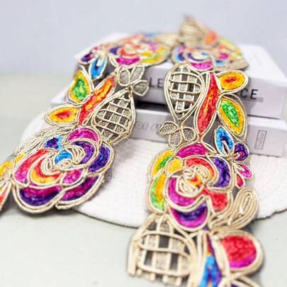 1 Yard (91.44cm/36inch) Colorful Cord & Metallic Thread Embroidered Trim, Style Embroidery Lace, Garment Accessory