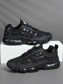 2026 Latest Men's Sneakers, All Black Thick Sole Chunky Sneakers, Increase Height, Shock Absorption, Breathable Mesh, Street Style, Leather & Mesh Combination, Marathon Running Shoes, Large Size 46, Fashionable Handsome Men Shoes - màu đen - Xem 1