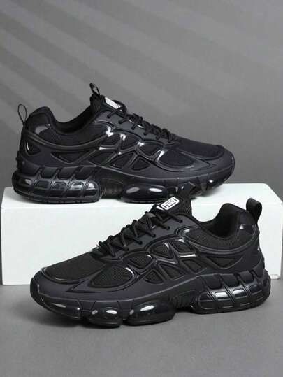 2026 Latest Men's Sneakers, All Black Thick Sole Chunky Sneakers, Increase Height, Shock Absorption, Breathable Mesh, Street Style, Leather & Mesh Combination, Marathon Running Shoes, Large Size 46, Fashionable Handsome Men Shoes