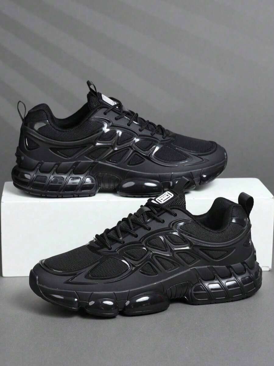 2026 Latest Men's Sneakers, All Black Thick Sole Chunky Sneakers, Increase Height, Shock Absorption, Breathable Mesh, Street Style, Leather & Mesh Combination, Marathon Running Shoes, Large Size 46, Fashionable Handsome Men Shoes - màu đen - Xem 1