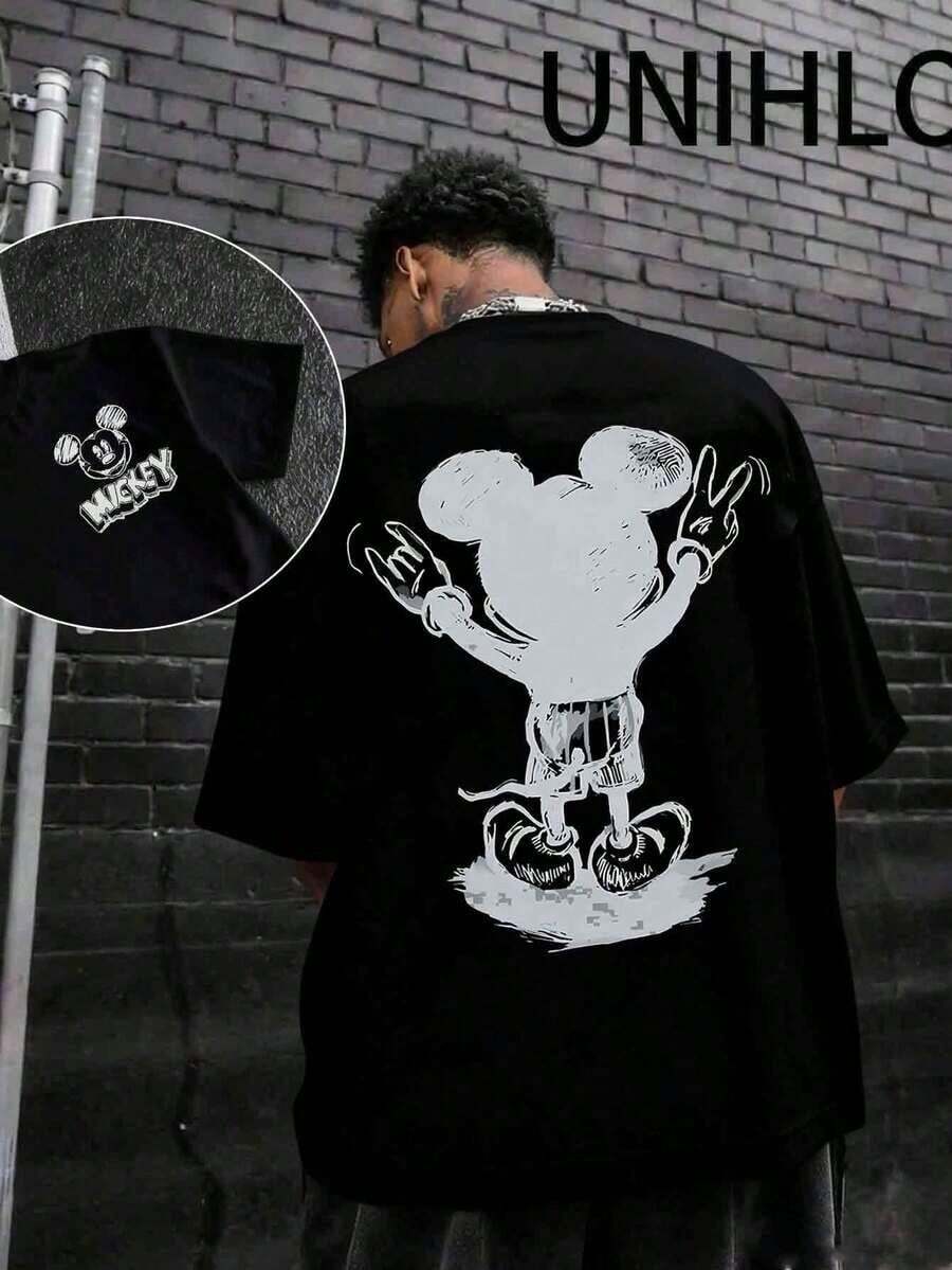Disney   Street Life Men's Casual Loose  Mickey  Cartoon  Print Short Sleeve T-ShirtSummer - 黑色 - 查看 1