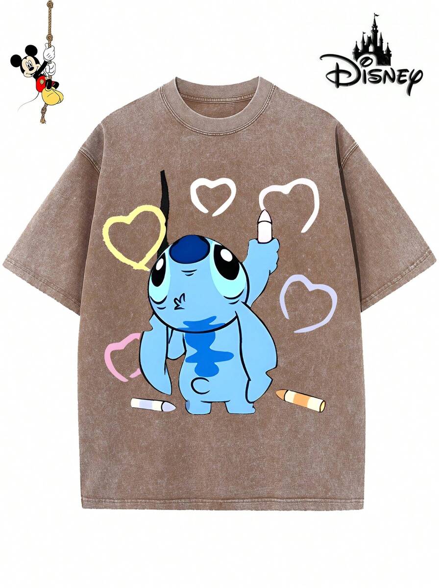 Disney-Licensed Men's Cotton T-Shirt For The 2026 Family Holiday. Featuring A Stitch Motif, Washed Crew Neck, Soft And Comfortable Feel, Easy Care And Suitable For Various Occasions Such As Holidays, Everyday Life And Commuting – Full Of Festive Spirit. - 咖啡棕 - 查看 1