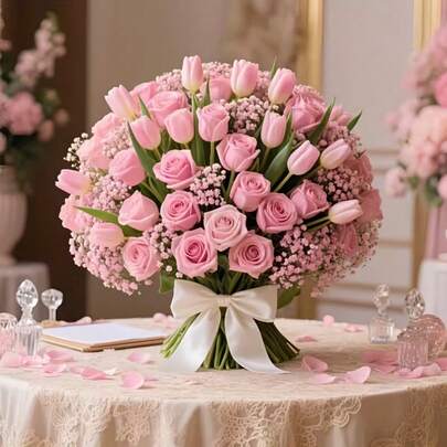 5 Pcs Artificial Roses, 5 Pcs Tulips And 20 Pcs Baby's Breath Bouquet, Lifelike Home Decor Suitable For Living Room, Desk, Garden, Mall, Cafe And More, Maintenance-Free, Perfect For Anniversary, Thanksgiving