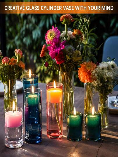 玻璃圆柱花瓶，装饰性细底座透明花瓶，适合插鲜花和蜡烛，多种尺寸可选，手工制作，防水材质，落地装饰