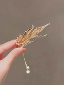 1pc Premium Crystal Maple Leaf Pearl Tassel Hair Clip, Retro Elegant Hair Accessory - Gold - View 2