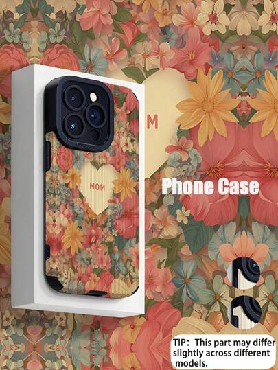 1pc Minimalist Vintage Floral Heart MOM Pattern Vertical Faux Leather Soft Protective Phone Case, Suitable As Gift For Friends, Couples, Compatible With Apple And Phones 17/17AIR/17PRO/17PROMAX