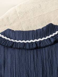 Girls' Casual Solid Color Sleeveless Button Decor Flared Hem Knee-Length Dress, Spring/Summer - Navy Blue - View 4