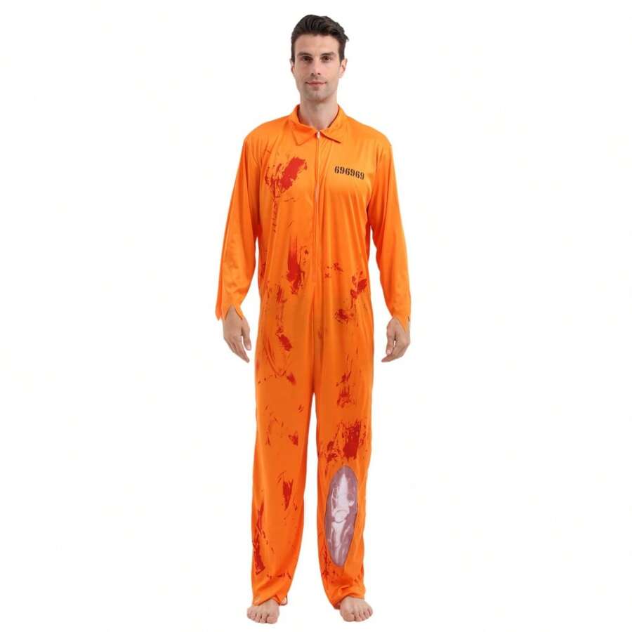 1 Set Adult Halloween Prisoner Costume, Cosplay Performance Outfit - Orange - View 1