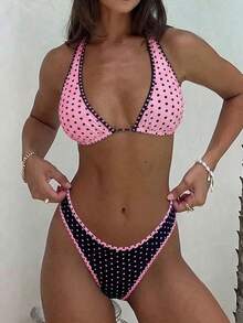 女款優雅波點運動休閒比基尼套裝，復古風兩件式泳衣，度假海灘夏季款 - 西瓜粉 - 查看 4