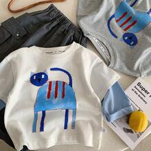2026 Spring New Boys Long Sleeve 2 In 1 Casual Colorblock Cat Pattern Pullover Sweatshirt - White - View 7