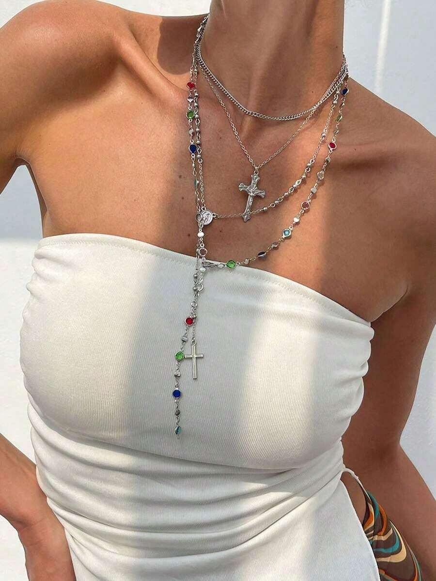 4pcs/Set Bohemian Crystal Tassel Necklace, Long Pendant Necklace, Vacation Style Jewelry, Suitable For Parties, Gifts, And Daily Wear - Nhiều màu - Xem 1