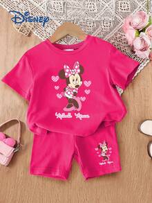 Disney Baby Girls' 2-Piece Set, Cute Printed T-Shirt And Shorts, Casual Children's Daily Basic Letter Print Knit Round Neck Short Sleeve Elastic Waist Pants, Outdoor Holiday Outfit - Hot Pink - View 1