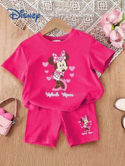 Disney Baby Girls 2pcs Minnie Mouse Print T-Shirt And Shorts Set, Cute Casual Children Daily Basic Letter Print Knit Round Neck Short Sleeve Elastic Waist Pants Outdoor Holiday Outfit