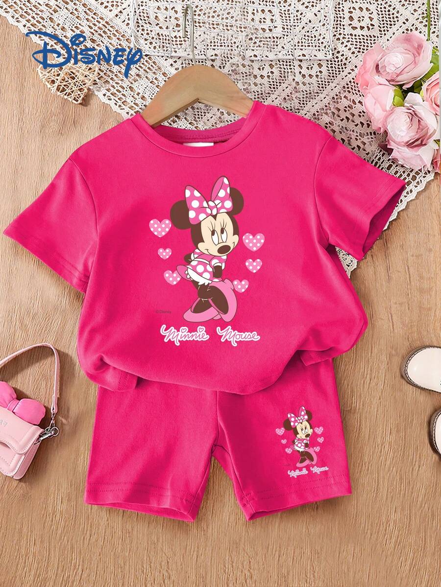 Disney Baby Girls' 2-Piece Set, Cute Printed T-Shirt And Shorts, Casual Children's Daily Basic Letter Print Knit Round Neck Short Sleeve Elastic Waist Pants, Outdoor Holiday Outfit - Hot Pink - View 1