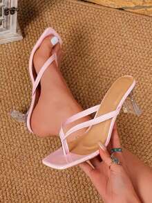 Women's High Heel Thong Sandals, Pink, New Summer Glossy Leather Outdoor Beach Slippers, Minimalist Fashionable Flip Flops - Pink - View 1