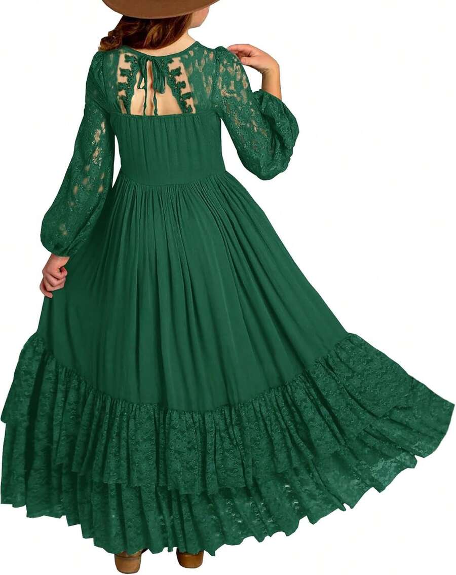 2026 Girls Elegant Lace Flower Boho Dress Long Sleeve Backless Square Neck Ruffle Party Maxi Dress - 08 Dark Green - View 1