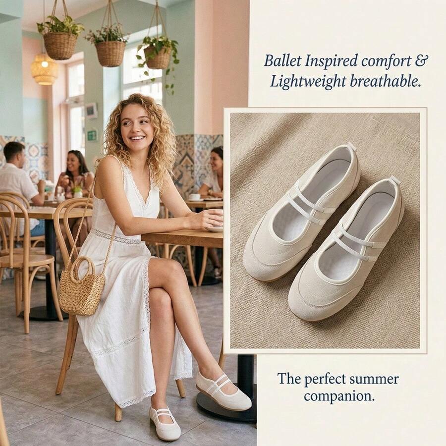 2026 Spring/Summer New Ballet-Inspired Women Casual Sneakers, Suede Slip-On Round Toe Flat Shoes, Breathable Comfortable Mary Jane Shoes With Elastic Strap, Beige - Beige - View 1