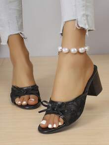Women's Thick High Heel Round Toe Sandals, Spring/Summer New Narrow Heel Petite Sexy Open Toe Sandals With Bow Decor,Chunky Heels - Black - View 5