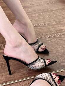 2026 New Open Toe Pointed Toe Mesh Rhinestone Strap Sandals, Elegant Thin High Heel Slip-On Slippers For Women Summer - Black - View 5