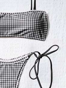 Bộ bikini hở lưng bèo nhún thắt nơ in họa tiết kẻ caro dễ thương dành cho nữ, thích hợp cho bãi biển mùa hè, lễ Phục sinh, ngày Thánh Patrick, đi chơi, lễ tốt nghiệp, kỳ nghỉ thanh lịch. - Đen và trắng - Xem 6