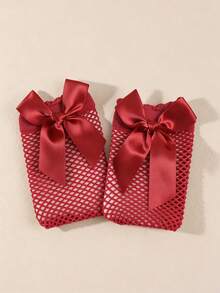 1双儿童蝴蝶结甜美可爱中筒网眼袜，镂空渔网女童袜，适合春夏穿着 - 彩色 - 查看 22