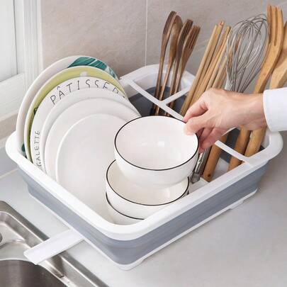 1pc Foldable Dish Drying Rack, High Capacity Single-Layer Cutlery Organizer With 3 Compartments, Suitable For Washing And Draining. Kitchen Organization & Storage, Kitchen Accessories