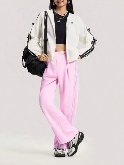  adidas 休閒運動連帽拉鍊條紋夾克 女款