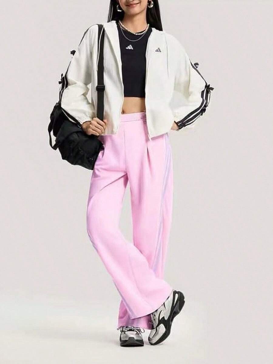 adidas 休閒運動連帽拉鍊條紋夾克 女款 - 白色 - 查看 1