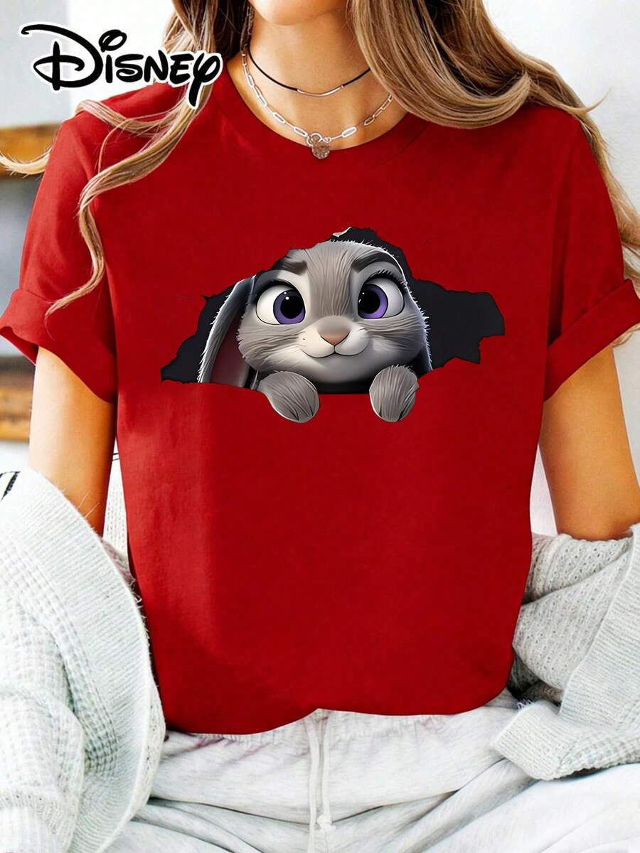 Soft Cotton T-Shirt | Disney "Judy Hopps Peekaboo" Graphic Tee | Casual Daily WearMade With Soft, Comfortable, And Durable Materials, This Is An Ideal Choice For Spring And Summer. This Crew Neck T-Shirt Is Suitable For Various Occasions, Including Everyday Wear, Shopping, Parties, Travel, And Gatherings, And Also Makes A Thoughtful Gift. - 紅色 - 查看 1
