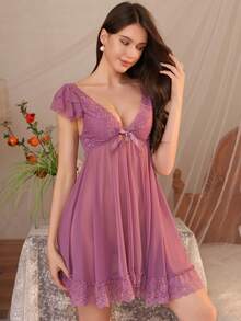 1件装女士蕾丝V领薄纱睡裙，性感吊带睡衣，修身细肩带睡衣，四季皆宜 - 紫色 - 查看 5