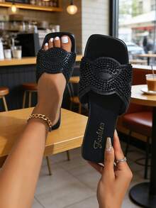 Women's Flat Slippers For Summer Outdoor Wear, Plus Size Fashion Crystal Embellished Mother Sandals - Black - View 3