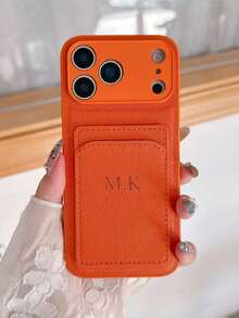Personalized Luxury Crocodile Texture Embossed Letter Faux Leather Card Holder & Phone Case, Compatible With Apple 17, 16, 15, 14, 13, 12, 11 Pro Max, 14, 15, 16 Plus, 17 Air. Hot Stamping Letter Customization, Minimalist Anti-Fingerprint Anti-Drop Anti-Shock Couple Phone Case Soft Shell, Valentine's Day Gift, Phone Accessory - Orange - View 5