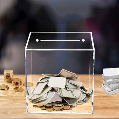 قطعة واحدة من البنك المعدني المصنوع من الأكريليك والخشب - مادة شفافة ، آلية قفل آمنة ، يمكن استخدامه كصندوق تخزين مستحضرات التجميل على المنضدة ، خفيف الوزن ولا يتطلب طاقة ، مناسب للهدايا في عيد الحب ، ، العودة إلى المدرسة وغيرها من المناسبات.