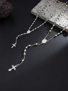 2pcs Fashionable Casual Minimalist Cross Pendant Necklace Set, Personalized Hiphop Beaded Chain Y-Necklace, Suitable For Daily Wear, Party, Holiday Gift - Y-shaped Long Necklace - View 6