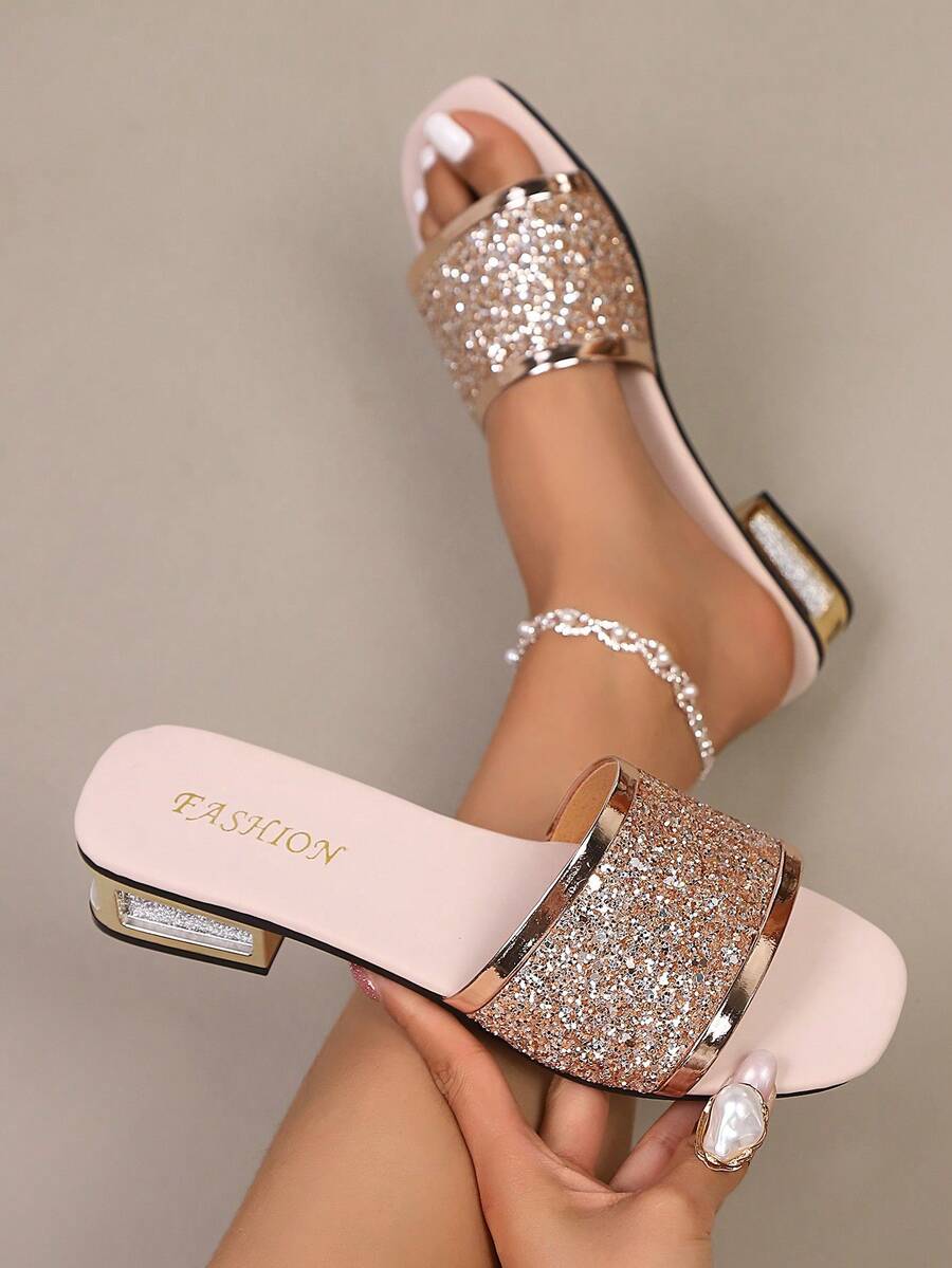 女士夏季新款时尚优雅水钻方头粗跟凉鞋 - 粉色 - 查看 1