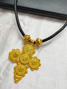 4件套时尚女士镀金黑绳人像硬币吊坠首饰套装，包括项链、手链、戒指和耳环，适合婚礼、派对、母亲节、情人节、生日、音乐节、节日礼物、日常佩戴 - 金黃色 - 查看 3