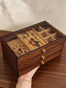 1pc Luxury Black Walnut Jewelry Box, 3-Layer Wooden Jewelry Storage Box, Drawer-Style Desktop Organizer, Acrylic Material, Classic Style, Can Store Earrings, Rings, Necklaces, Bracelets, Pendants, Also Can Be Used As Bathroom Storage Box Or Stackable Organizer, Elegant Luxury Display Packaging Box, Also Can Be Used As Decorative Item For Wife's Room - Jewelry Box - View 1