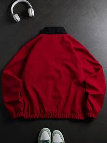 Giacca da uomo, abbigliamento da uomo, stile di moda da strada per uomo, giacca con colletto alto a contrasto, top, stampa di lettere patchwork, capo di moda singolo, versatile per uso esterno e pendolarismo - Rosso - Visualizzare 3