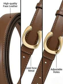 Cinturón de mujer de tono dorado 2025, hebilla de aleación con decoración de letra retro, cuero PU suave de cintura alta ajustable, cinturón versátil de lujo minimalista y tranquilo para vaqueros, vestidos, trabajo, casual, transporte, streetwear, escuela, verano, otoño - Multicolor - Ver 3