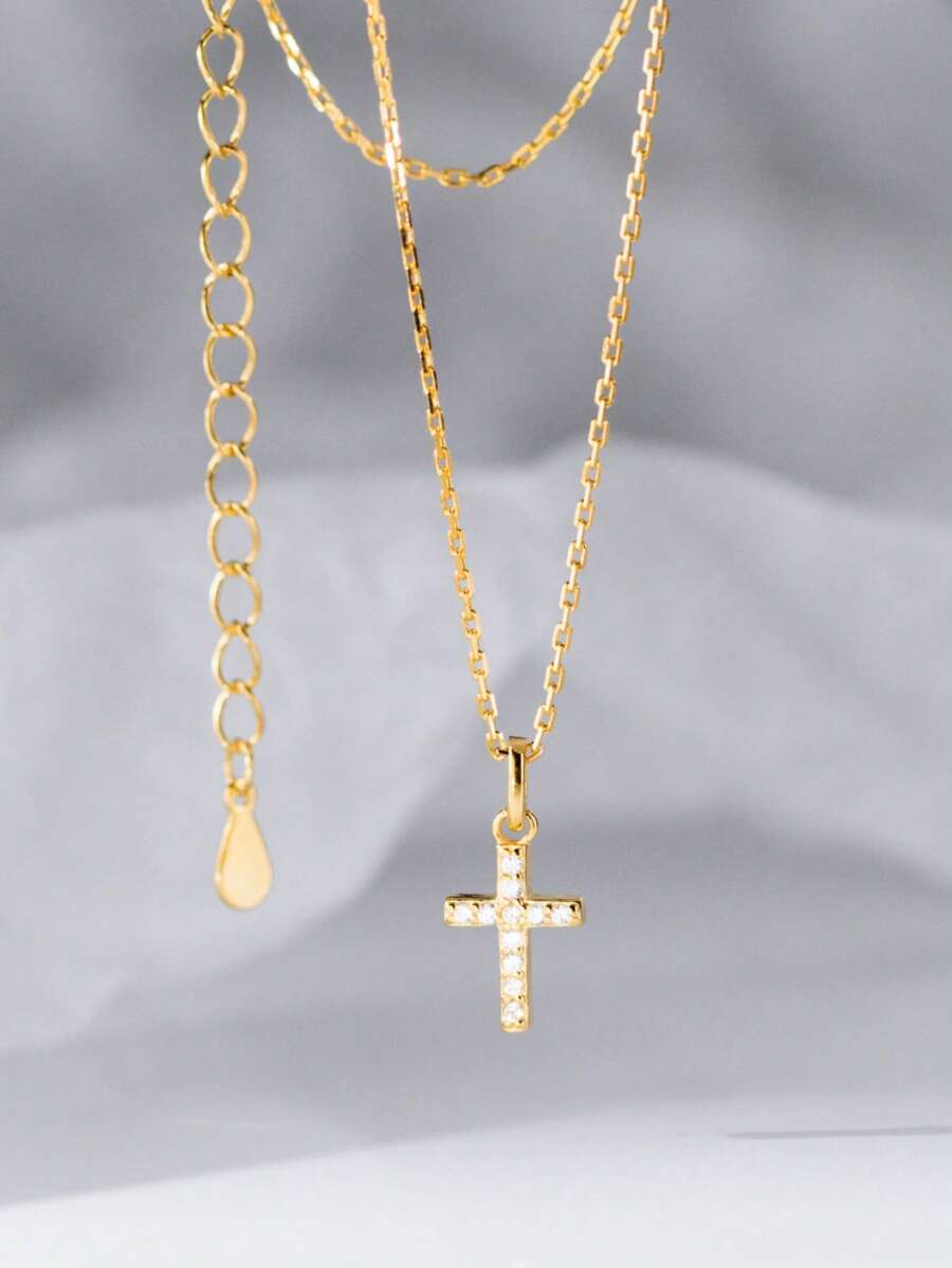 1pc S925 Sterling Silver Minimalist European & American Style Rhinestone Cross Niche Design Cross Pendant Necklace, Suitable As Gift For Daughter, Relatives, Friends, Girls Festival - Cross - View 1