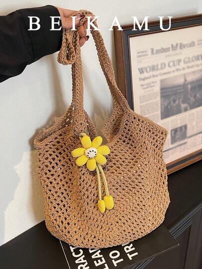 新款女士卡其色镂空网眼编织手提包，花卉装饰大容量单肩包，休闲夏季海滩度假手提包