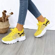 Lightweight Mesh Leopard Print Sneakers Lace-Up Style With Cushioned Sole Flexible & Comfortable Ideal For Gym Workouts Walking And Casual Daily Wear. - Upgrade Yellow - View 6