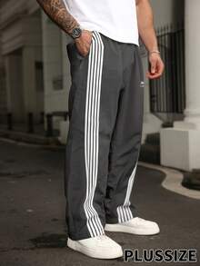 OMNIVOLUME Plus Size Men's Straight Leg Loose Fit Striped Casual Sweatpants Sports - Grey - View 3