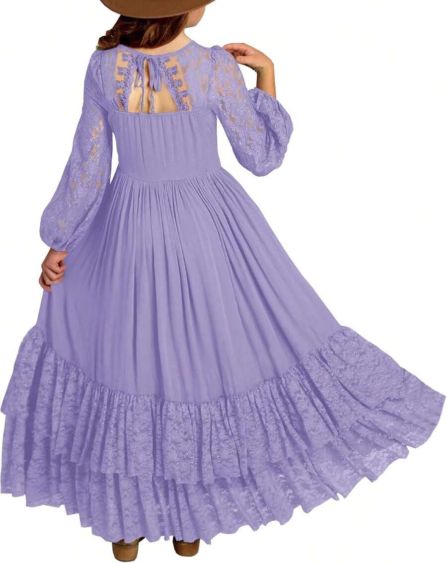 2026 Girls Elegant Lace Flower Boho Dress Long Sleeve Backless Square Neck Ruffle Party Maxi Dress - 11 紫色 - 查看 1