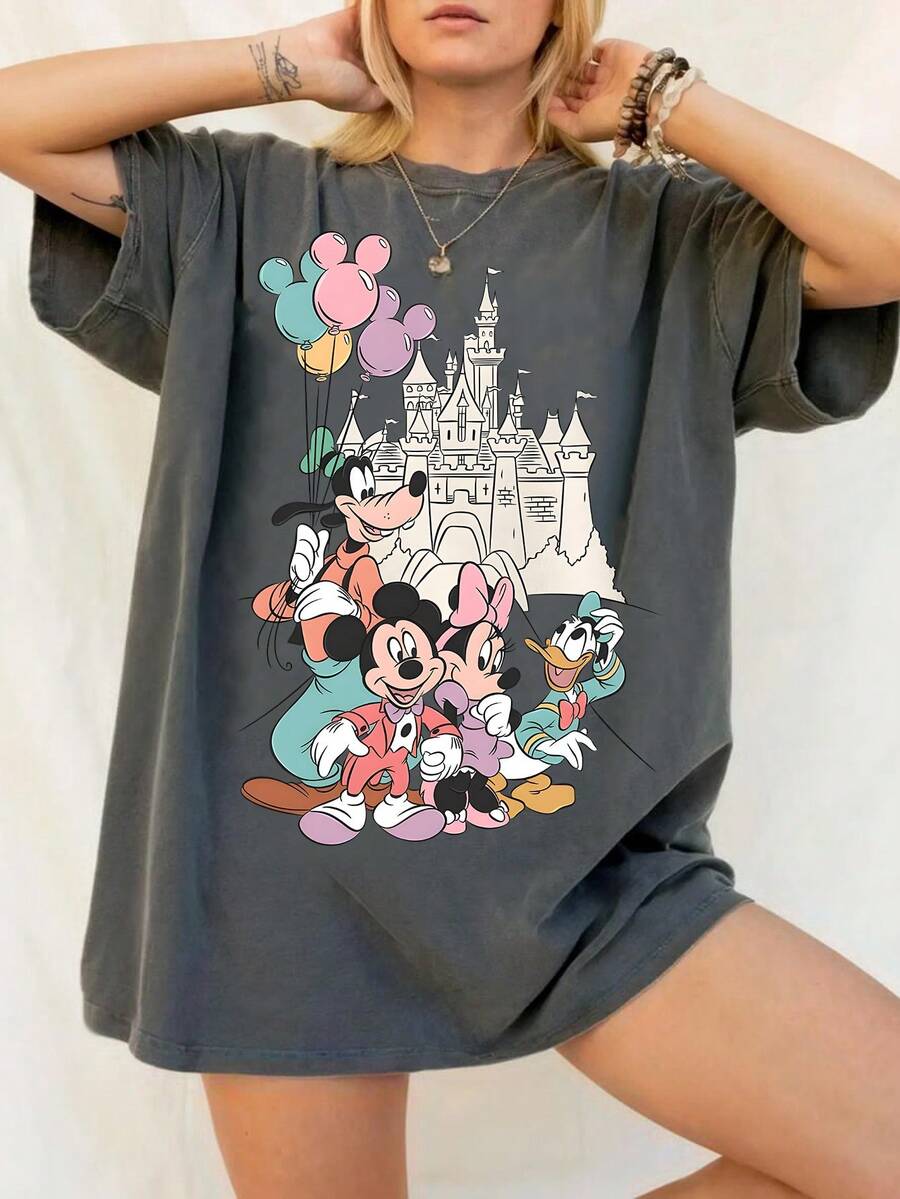 Disney UNIHLO  Mickey    Printed Summer Heavyweight Retro Washed Street Fashion Casual T-Shirt - 黑色 - 查看 1