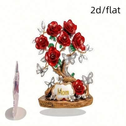 2D/平面-1件母亲节玫瑰银叶节日主题钻石画套装 - 5D DIY吊坠异形钻石艺术马赛克桌面装饰，不对称钻石，适合客厅卧室桌面装饰，手工工艺派对装饰礼品套装，适合作为节日生日礼物赠送给家人和朋友