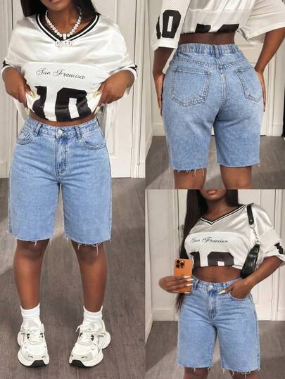 Distressed Light Blue High Waist Denim Shorts, Stretchy Washed Fabric, Casual Summer Chic Retro All-Match Style